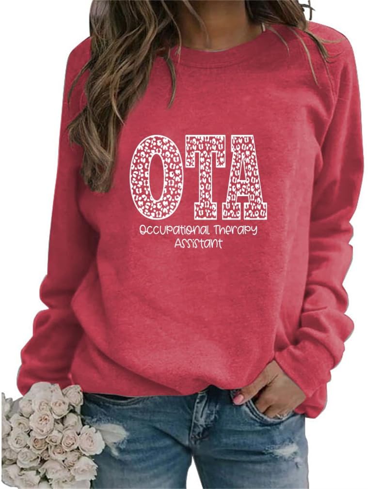 Women's Occupational Therapy Sweatshirts Plants Floral Graphic Long Sleeve Crew Neck Pullovers OT Assistant Gifts - 04 Red