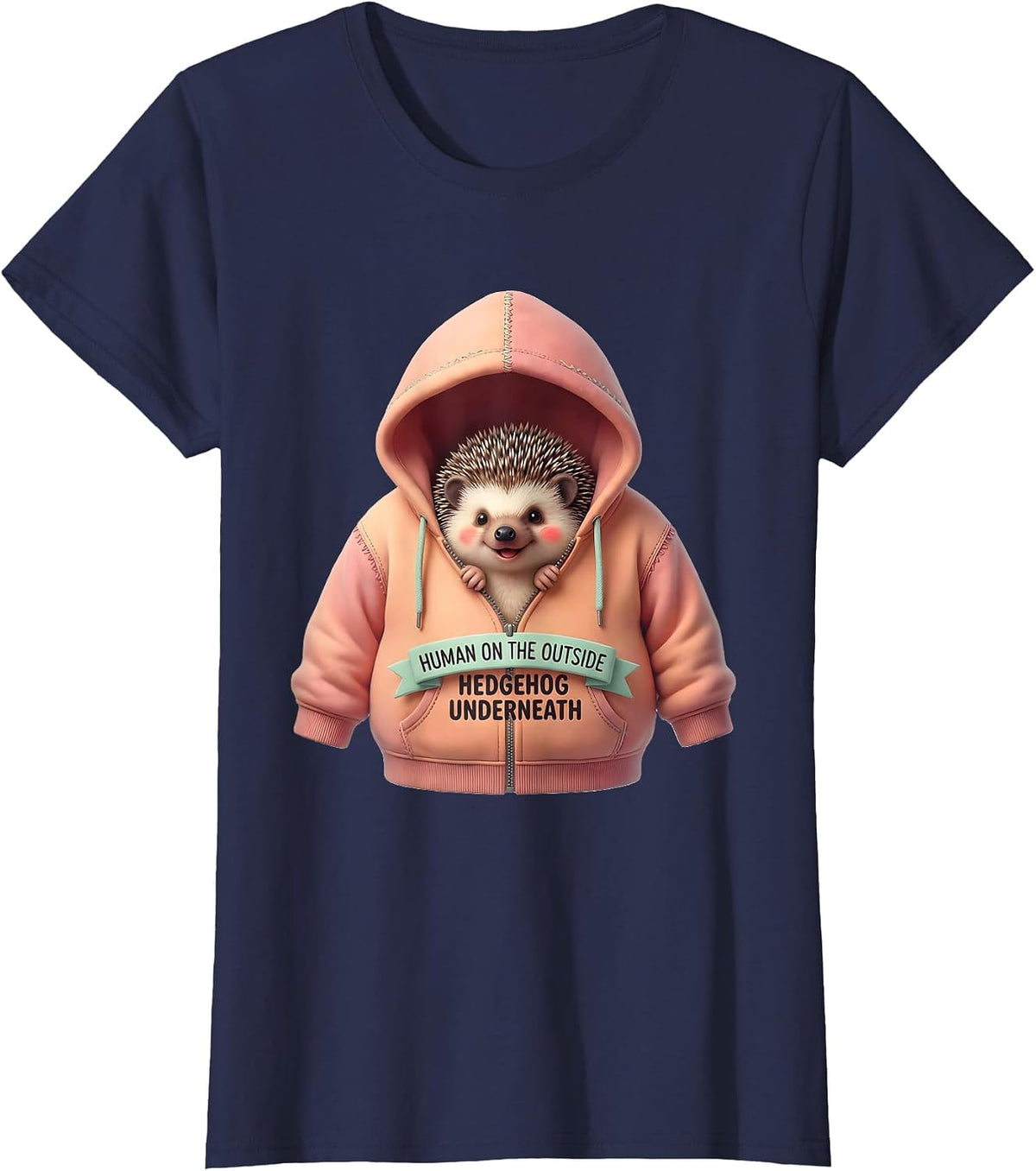 Women's Human On The Outside, Hedgehog Underneath Cute Kawaii T-Shirt - Navy Blue