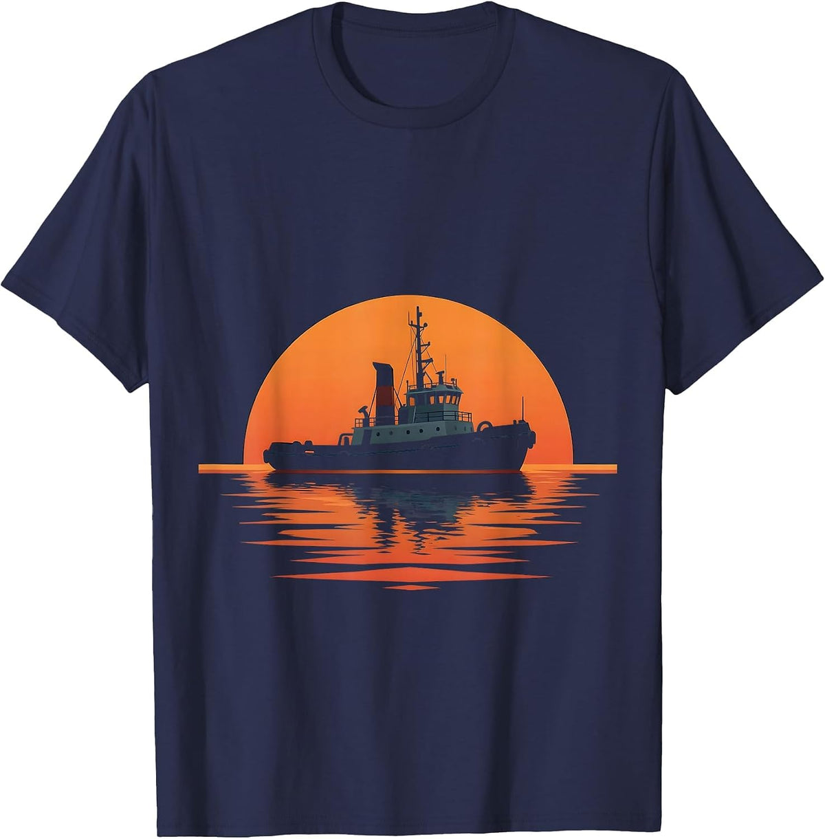 Tugboat Sunset Classic Nautical Illustration T-Shirt - Navy Blue