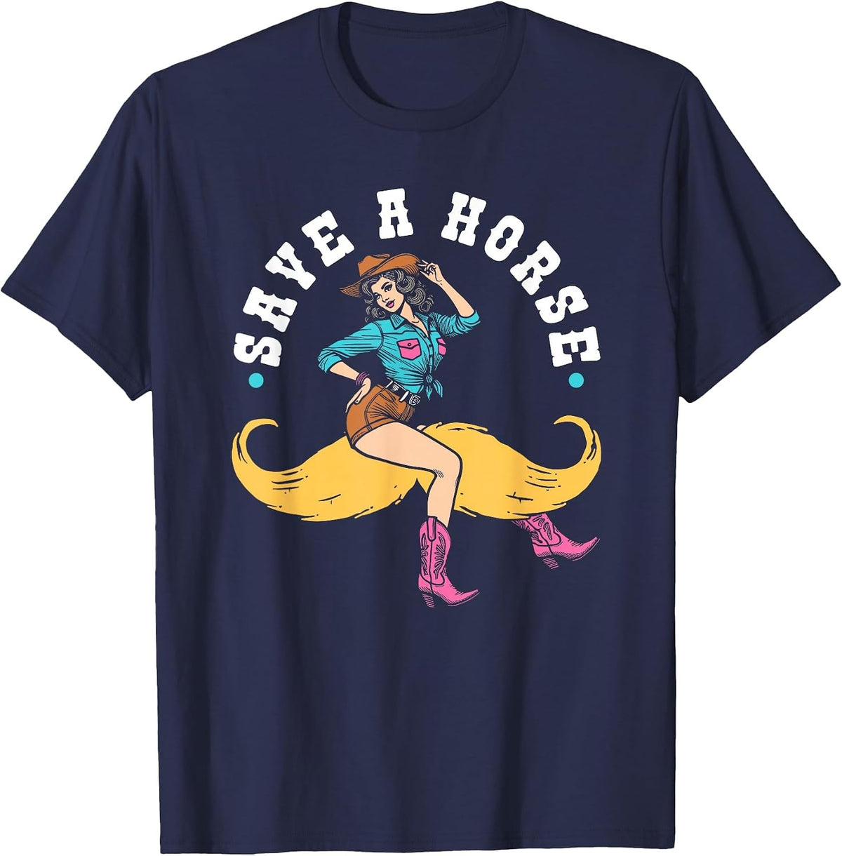 Save A Horse Ride A Mustache Rodeo Lover T-Shirt - Navy Blue