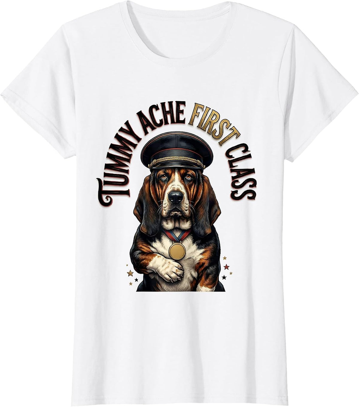 Tummy Ache First Class Funny Basset Hound Pet Humor Novelty T-Shirt - White