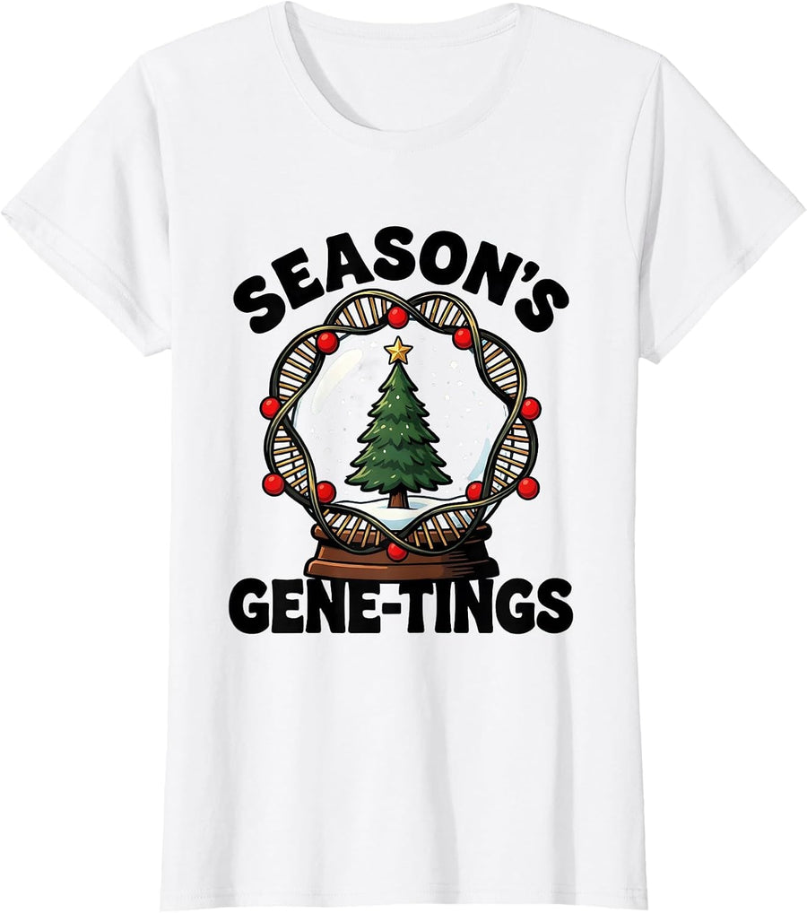 Women's Season's Gene-tings Cartoon DNA Helix Christmas Science T-Shirt - White