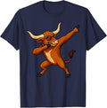 Longhorn Cow Dabbing with Sunglasses Men Women Girls Kids T-Shirt - Navy Blue