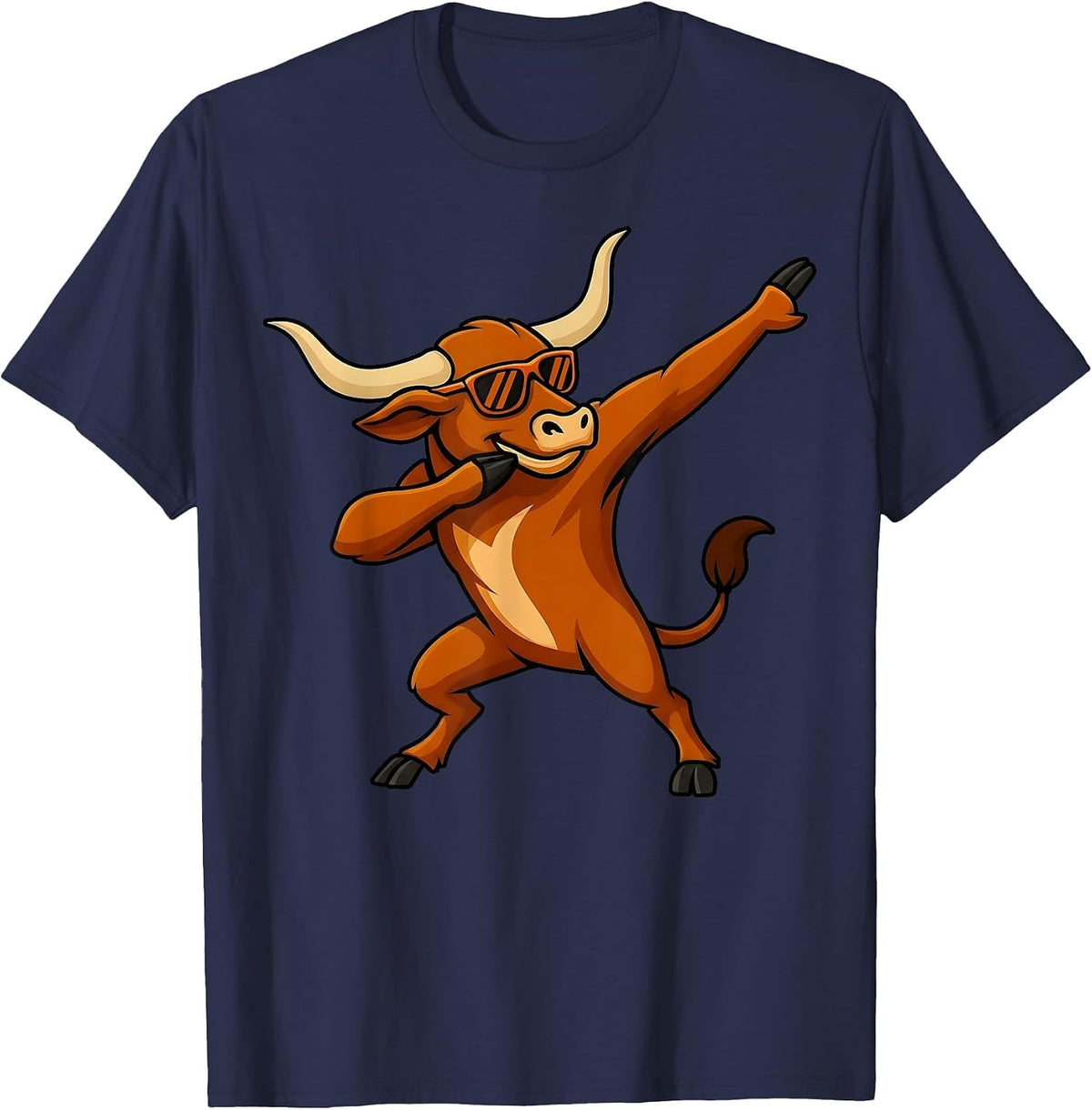Longhorn Cow Dabbing with Sunglasses Men Women Girls Kids T-Shirt - Navy Blue