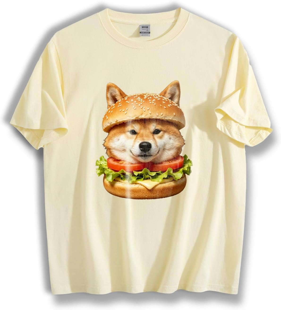Unisex Loose Funny Shiba Inu Burger Realistic Graphic T-Shirt, Humorous Food Pet Casual Cotton Tee - Apricot