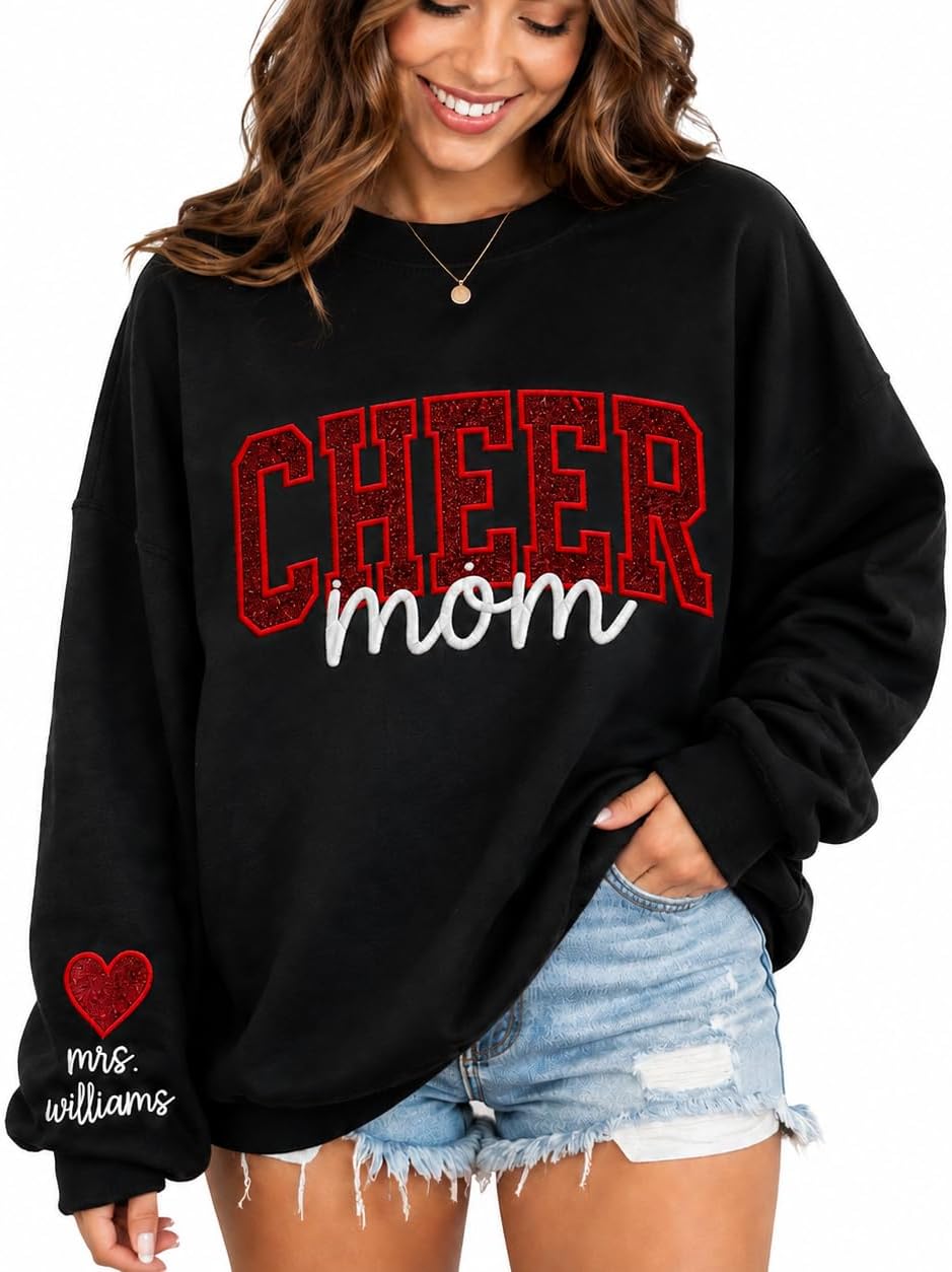 NAZENTI Personalized Custom Cheer Mom Sweatshirt, Glitter Embroidered Crewneck with Sleeve Name - Design 04
