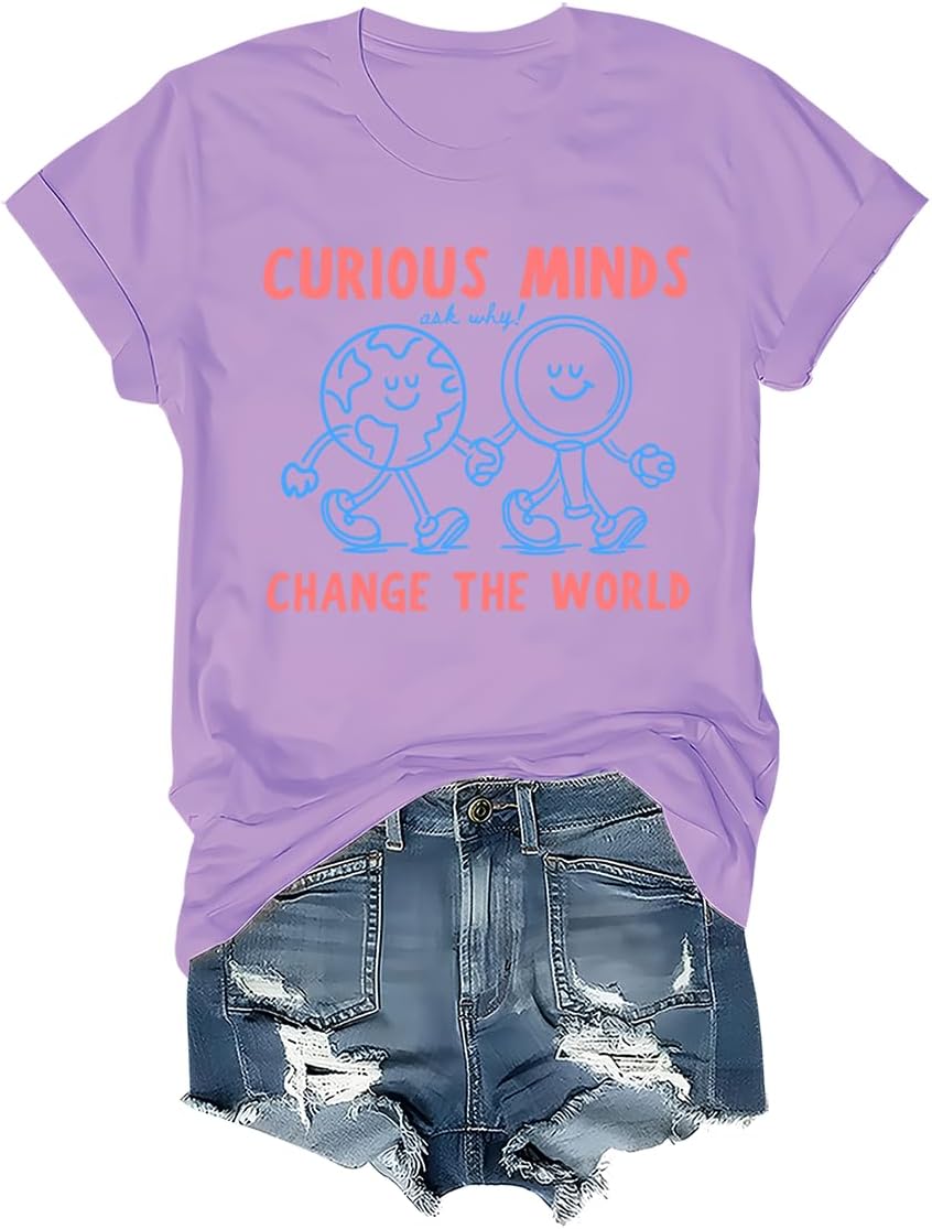 Curious Minds Change the World Science Teacher Shirt STEM Graphic Tee - Crew Neck Light Purple-1