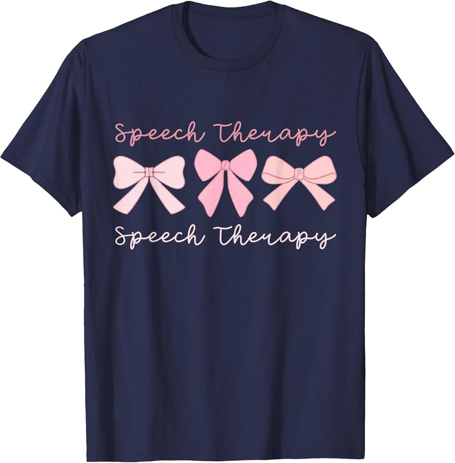 Speech Therapy Coquette Pink Bows SLP Speech Pathology T-Shirt - Navy Blue