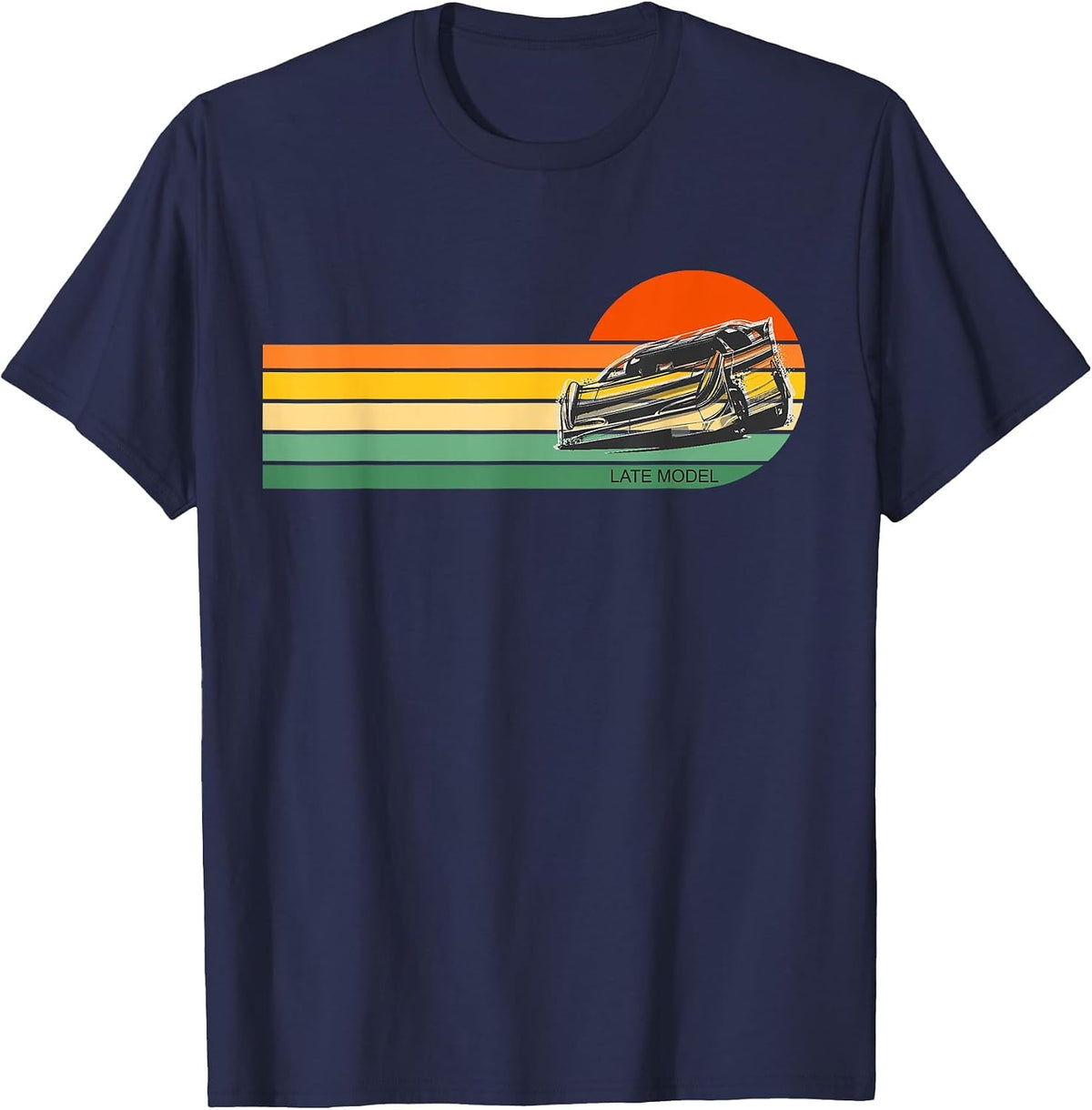 Retro Sunset Late Model Dirt Track Racing T-Shirt - Navy Blue