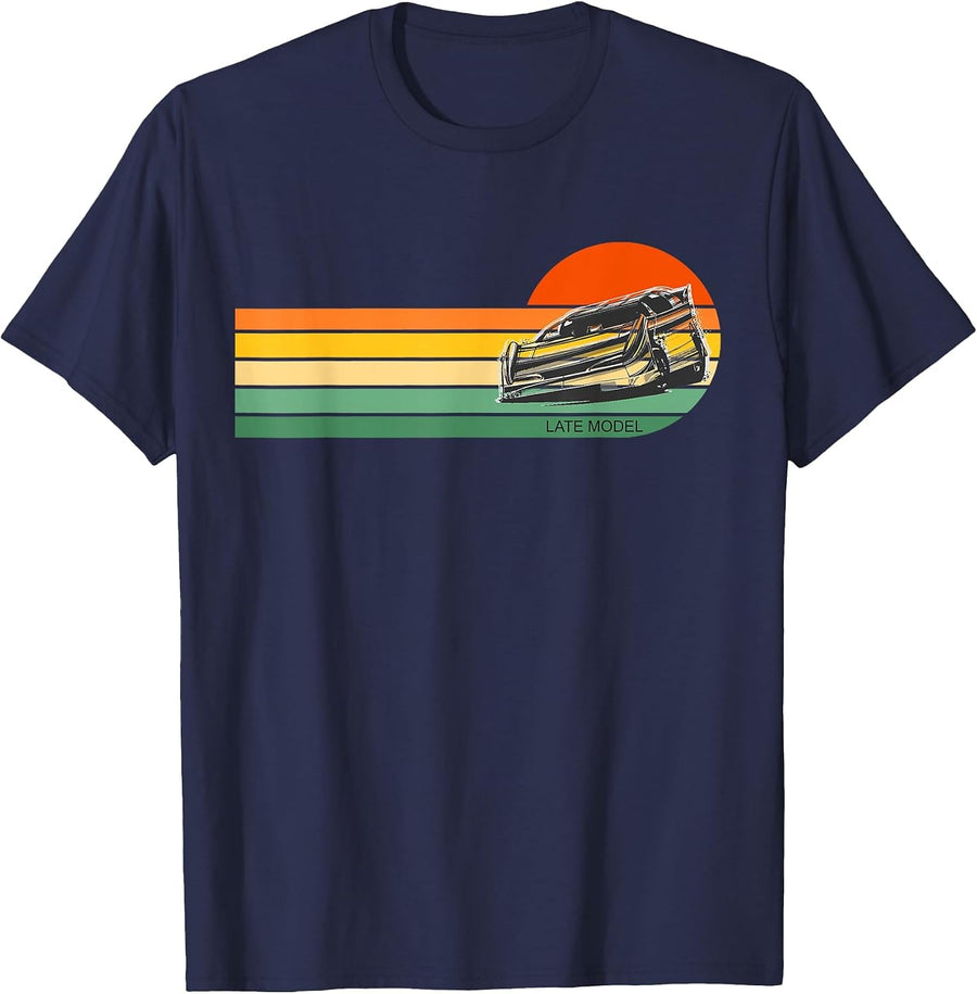 Retro Sunset Late Model Dirt Track Racing T-Shirt - Navy Blue