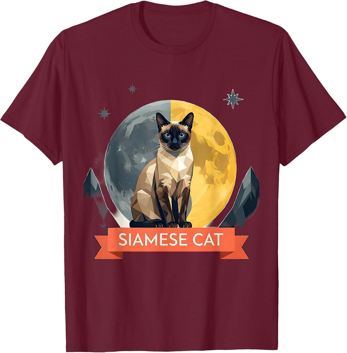 Siamese Cat Vintage Moonlit Retro Cat Portrait 90s T-Shirt - Burgundy