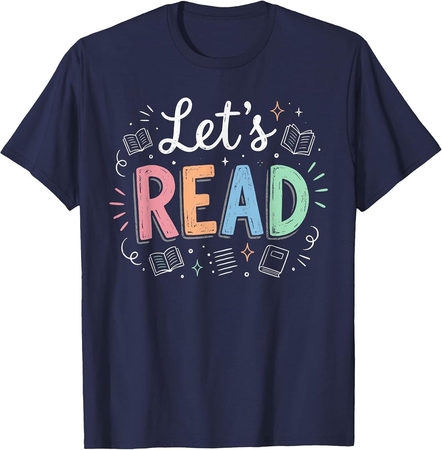 English Teacher Shirts, Cool Reading Teacher Lets Read Book T-Shirt - Navy Blue