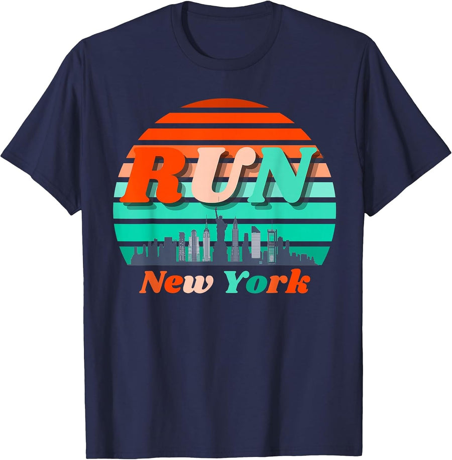 Run New York Sunrise City Silhouette Celebrate Running T-Shirt - Navy Blue