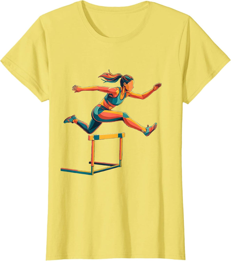 Women's Graceful Hurdler Athletic Track Illustration T-Shirt - Lemon Yellow