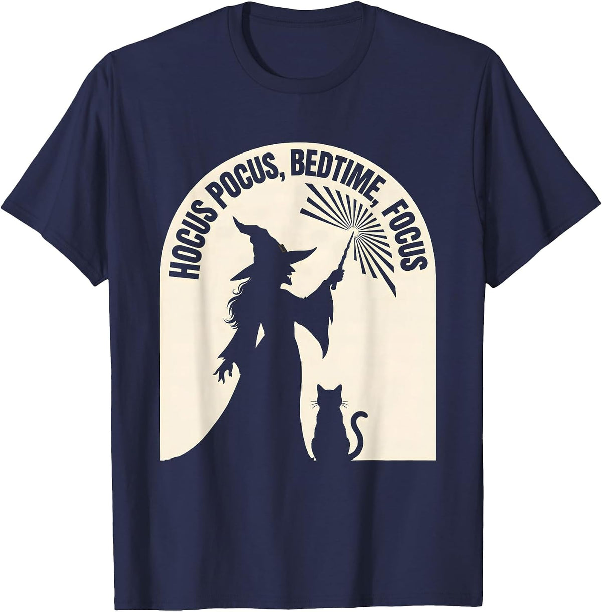 Hocus Pocus Bedtime Focus Funny Witch Cat Halloween T-Shirt - Navy Blue