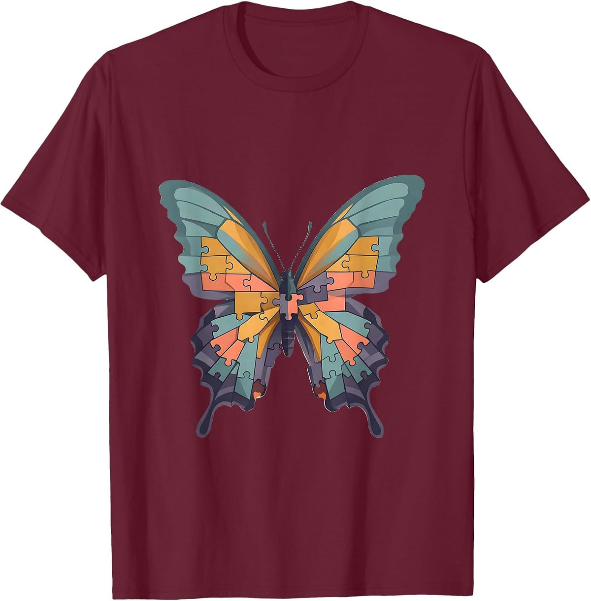 Men's Neurodiversity Butterfly Geometric Puzzle Art T-Shirt - Burgundy