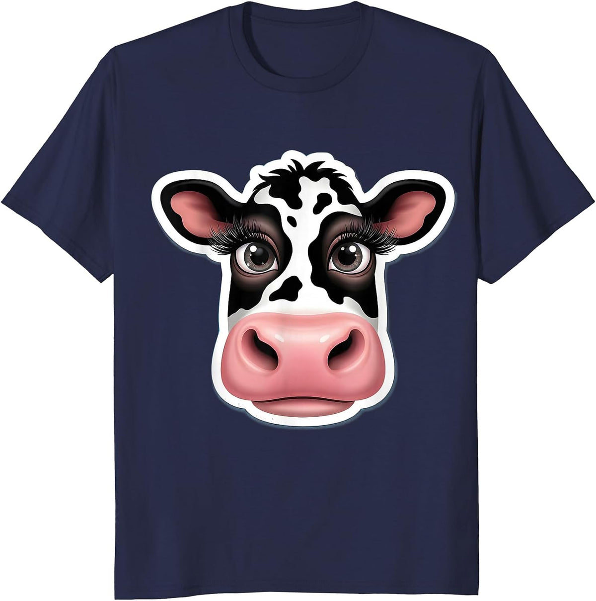 Cow Face Close-Up Long Lashes Cow Print Design T-Shirt - Navy Blue