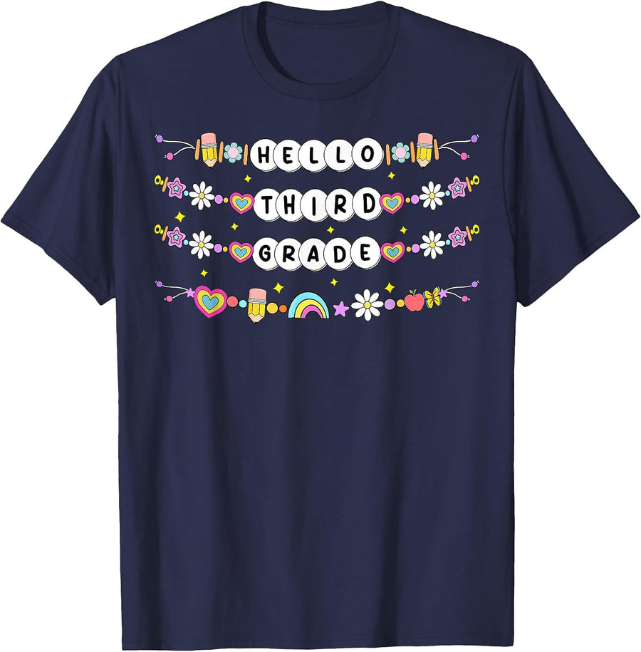Hello Third Grade Friendship Bracelets Back to School Kids T-Shirt - Navy Blue