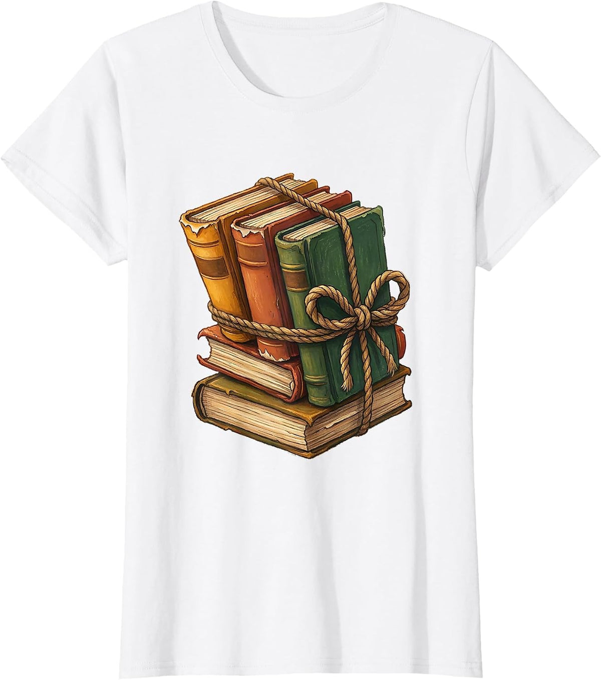 Stack of Books Tied With Rope Illustration T-Shirt - White