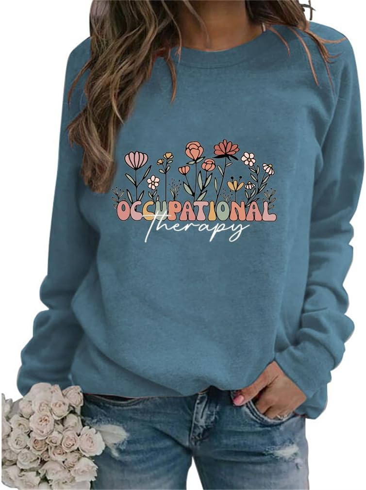 Women's Occupational Therapy Sweatshirts Plants Floral Graphic Long Sleeve Crew Neck Pullovers OT Assistant Gifts - 02 Blue
