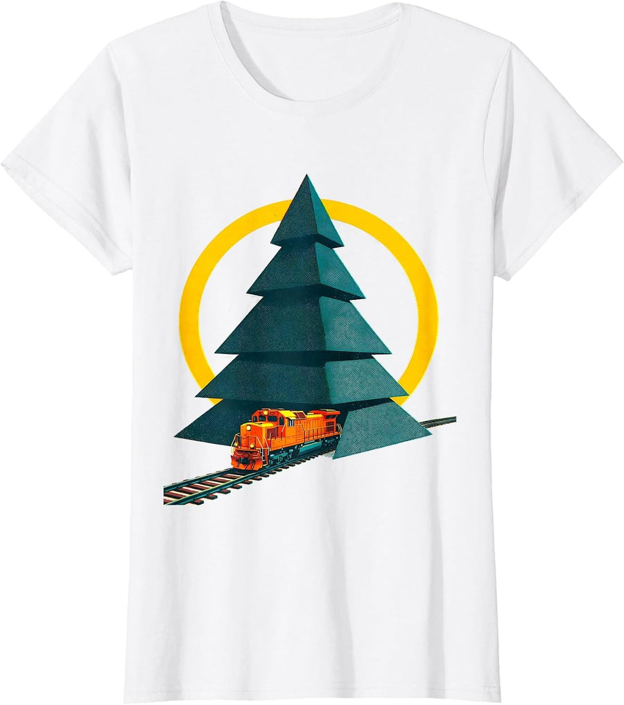 Women's Stepped Conifer Train Track Vintage Holiday Train Enthusiast T-Shirt - White