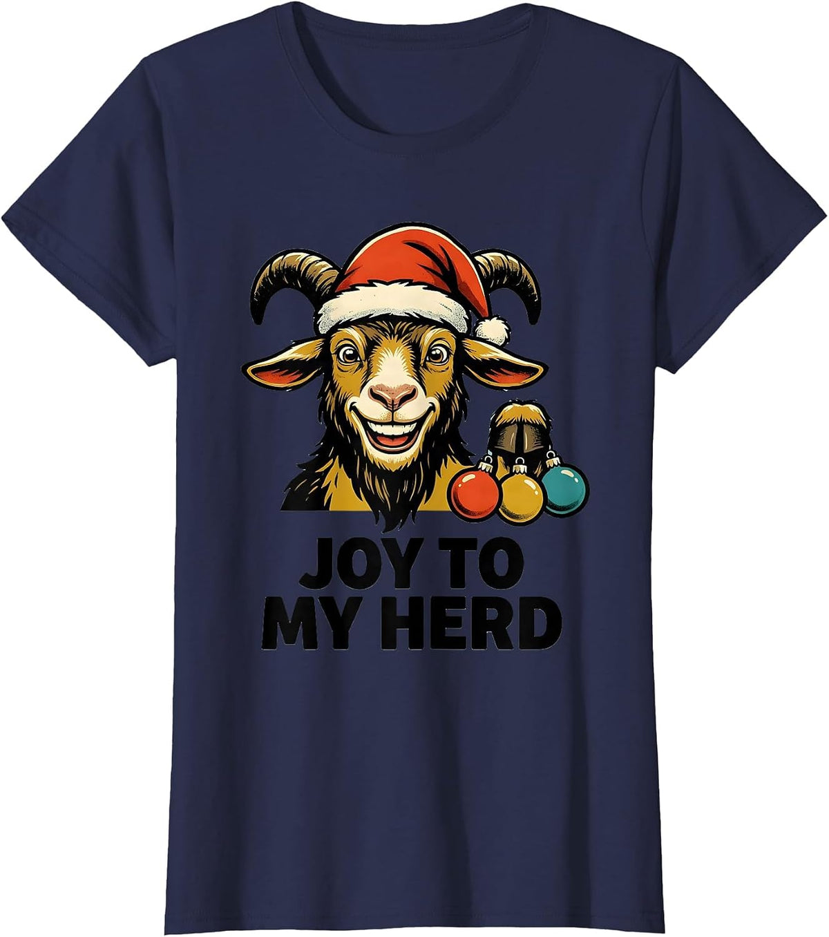 Women's Joy to My Herd Retro Advertising Goat Lover Christmas Lights T-Shirt - Navy Blue