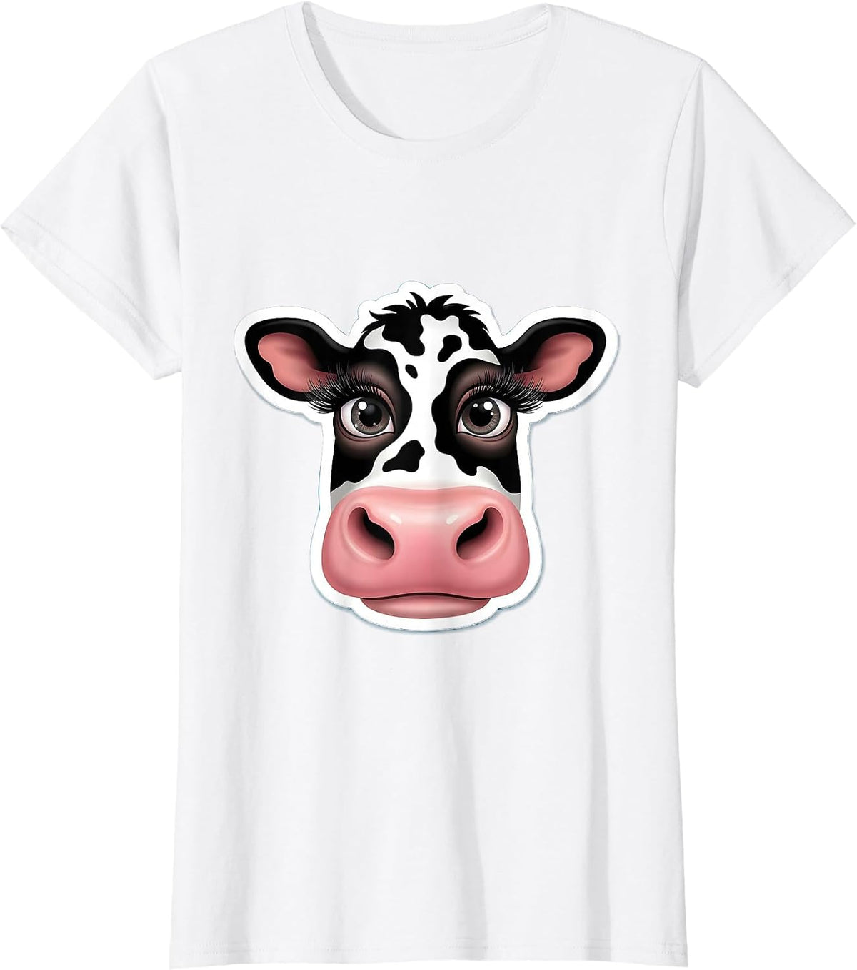 Cow Face Close-Up Long Lashes Cow Print Design T-Shirt - White