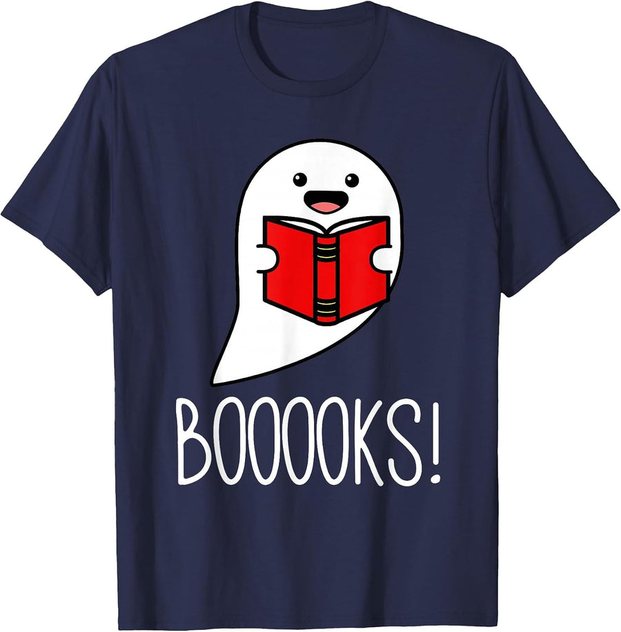 Booooks Funny Halloween Reading Teacher Ghost Librarian T-Shirt - Navy Blue