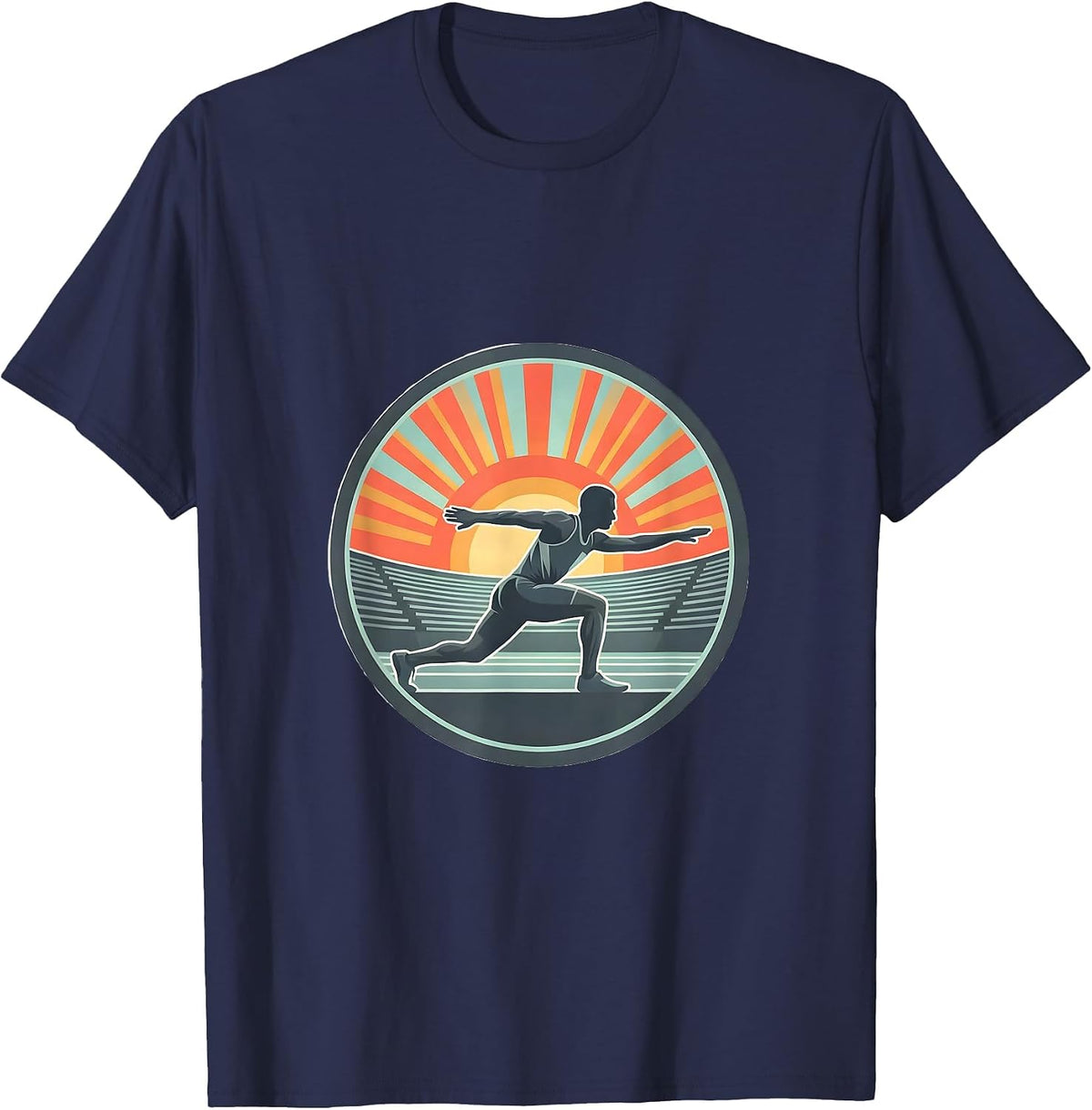 Men's Track Athlete Stretching Stadium Sunrise Graphic T-Shirt - Navy Blue