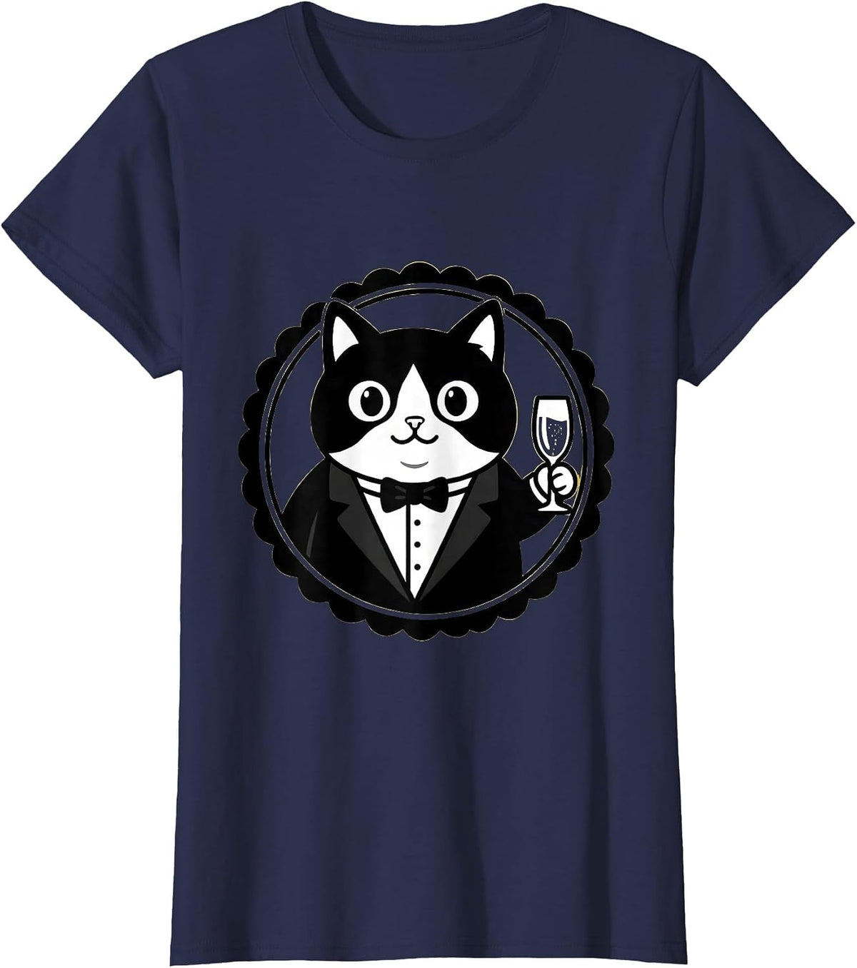 Women's Dapper Cat in Tuxedo Champagne Toast Design T-Shirt - Navy Blue