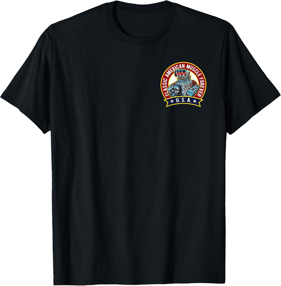 Classic Muscle Cars and Hotrods Forever USA Cartoon Design T-Shirt, Men, Black, Small - As Pictured