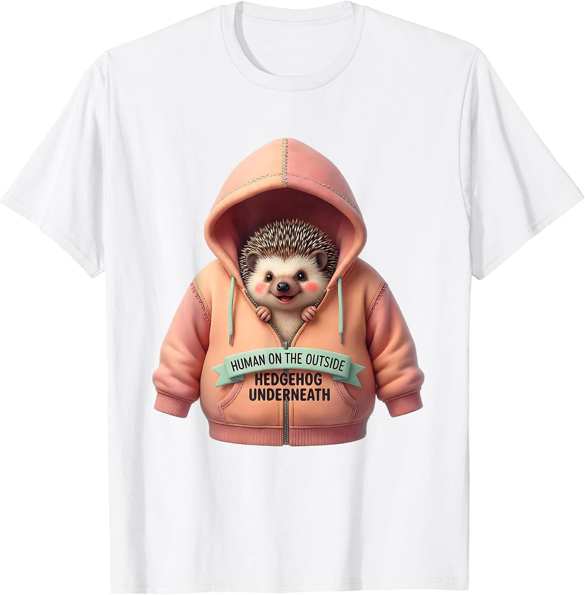 Men's Human On The Outside, Hedgehog Underneath Cute Kawaii T-Shirt - White