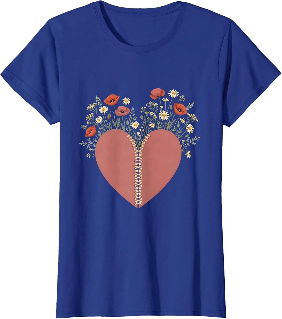 Women's Mental Health Matters Heart Wildflower Illustration T-Shirt - Royal Blue