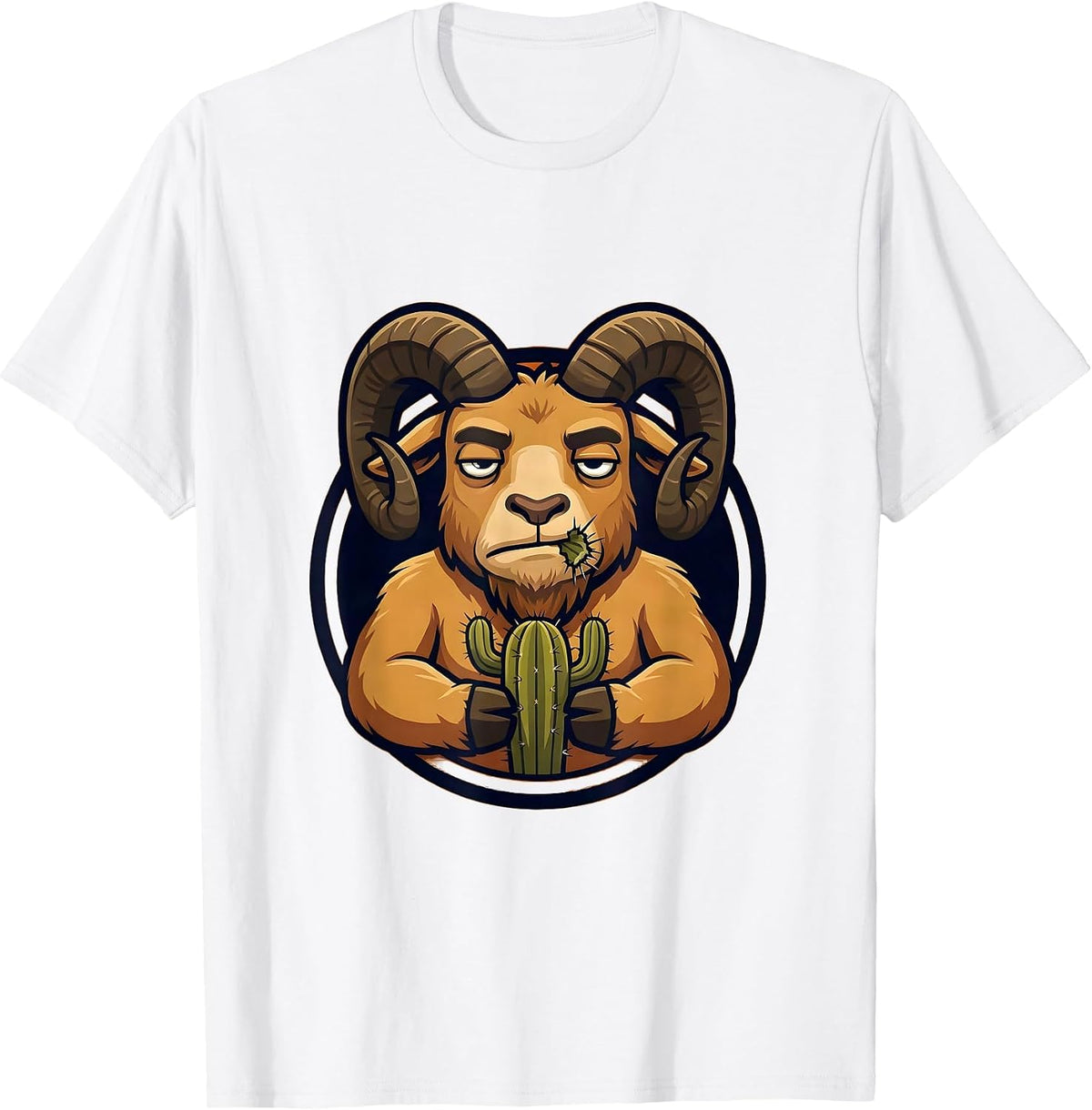 Men's Unfazed Goat Eating Cactus Funny Animal T-Shirt - White