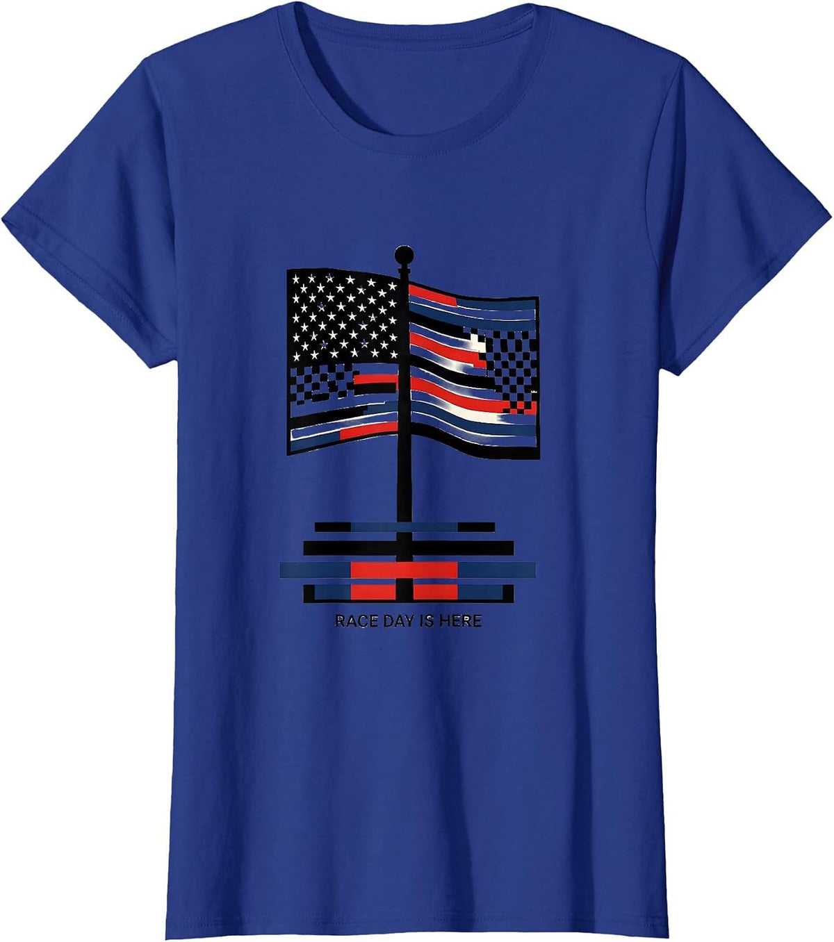 Women's Race Day Is Here Patriotic Drag Racing Checkered Flag T-Shirt - Royal Blue