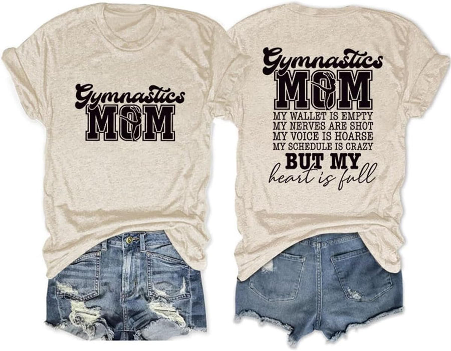 Gymnastics Mom T-Shirt for Women Funny Saying Printed Graphic Short Sleeve Tops Mothers Day Crewneck Causal Shirt - 01-beige