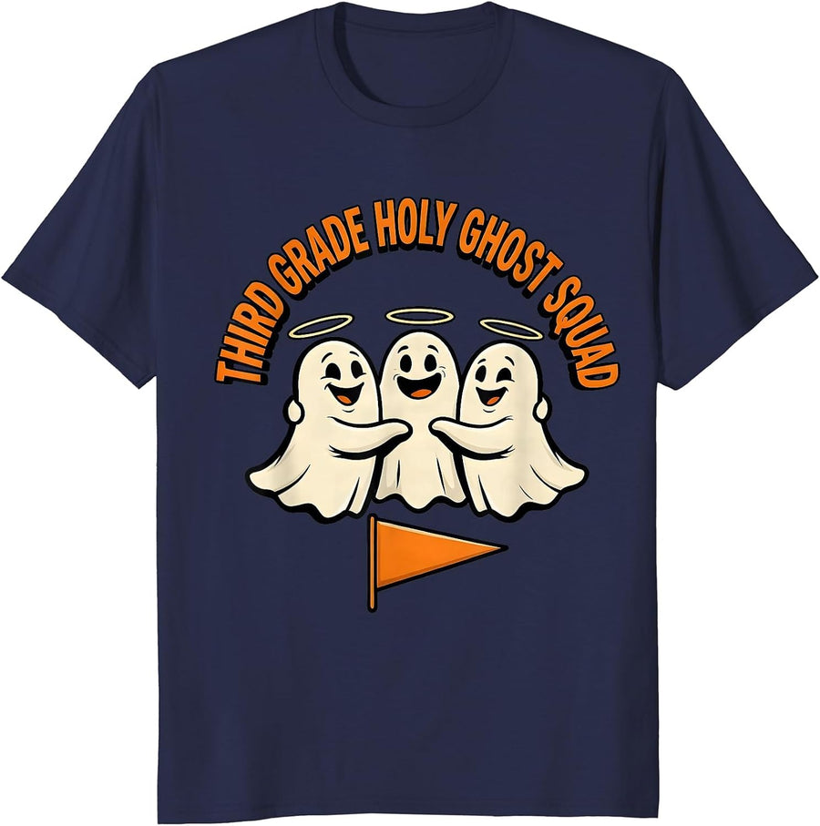 Third Grade Holy Ghost Squad Cartoon Teacher Halloween Humor T-Shirt - Navy Blue