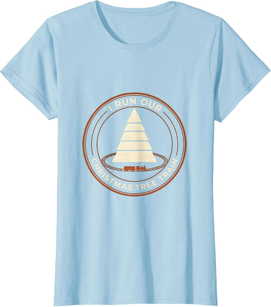 Women's I Run Our Christmas Tree Train Funny Train Hobbyist Vintage T-Shirt - Baby Blue