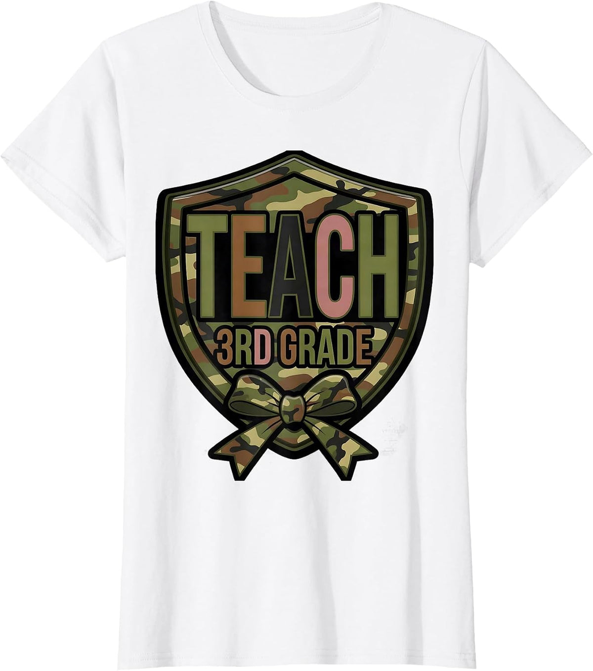Teach 3rd Grade Camo Teacher Bow Trendy Fashion T-Shirt - White