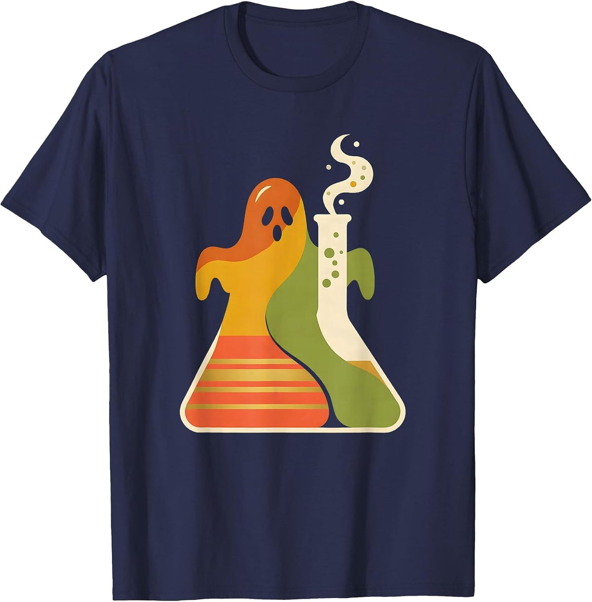 Friendly Ghost Lab Flask Retro 70s Teacher Halloween T-Shirt - Navy Blue