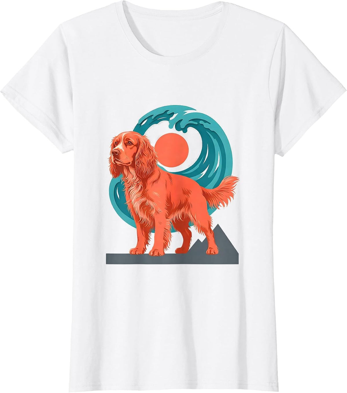 Teal Wave Surfing English Springer Spaniel Flat Vector Dog T-Shirt - White