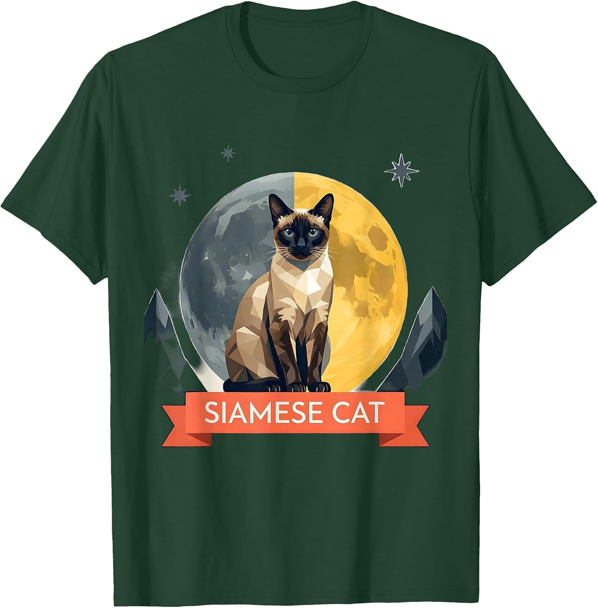 Siamese Cat Vintage Moonlit Retro Cat Portrait 90s T-Shirt - Dark Green