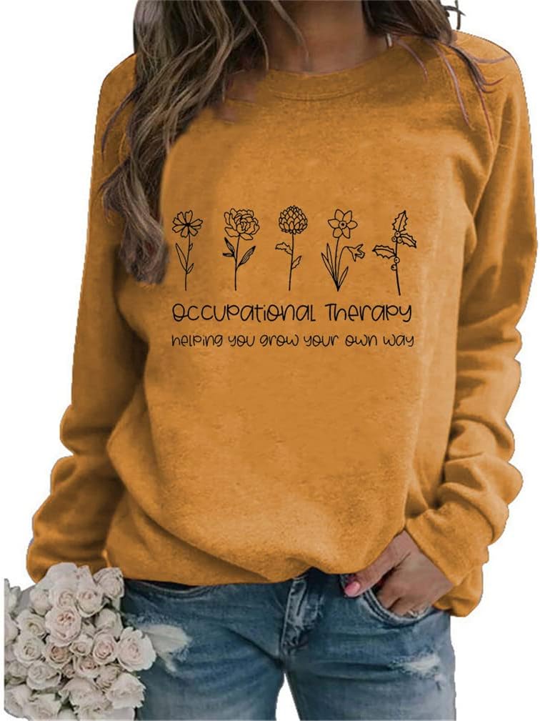 Women's Occupational Therapy Sweatshirts Plants Floral Graphic Long Sleeve Crew Neck Pullovers OT Assistant Gifts - 01 Yellow