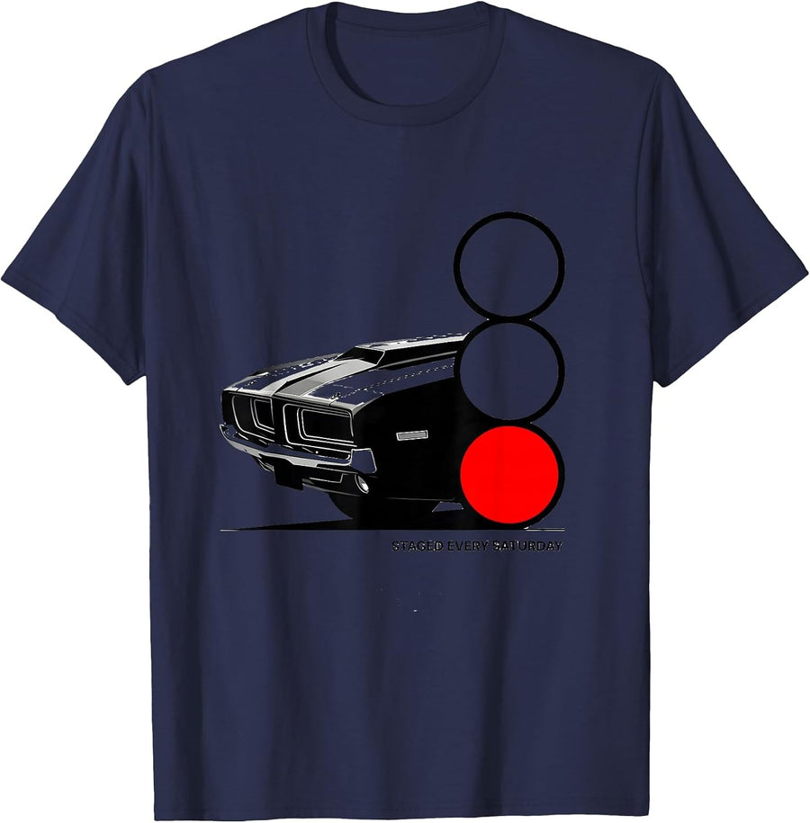 Staged Every Saturday Geometric Vintage Car Racing T-Shirt - Navy Blue