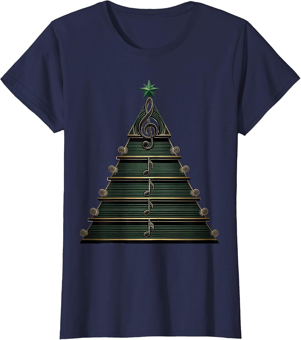 Women's Stepped Caroling Pavilion Art Deco Music Teacher Christmas T-Shirt - Navy Blue