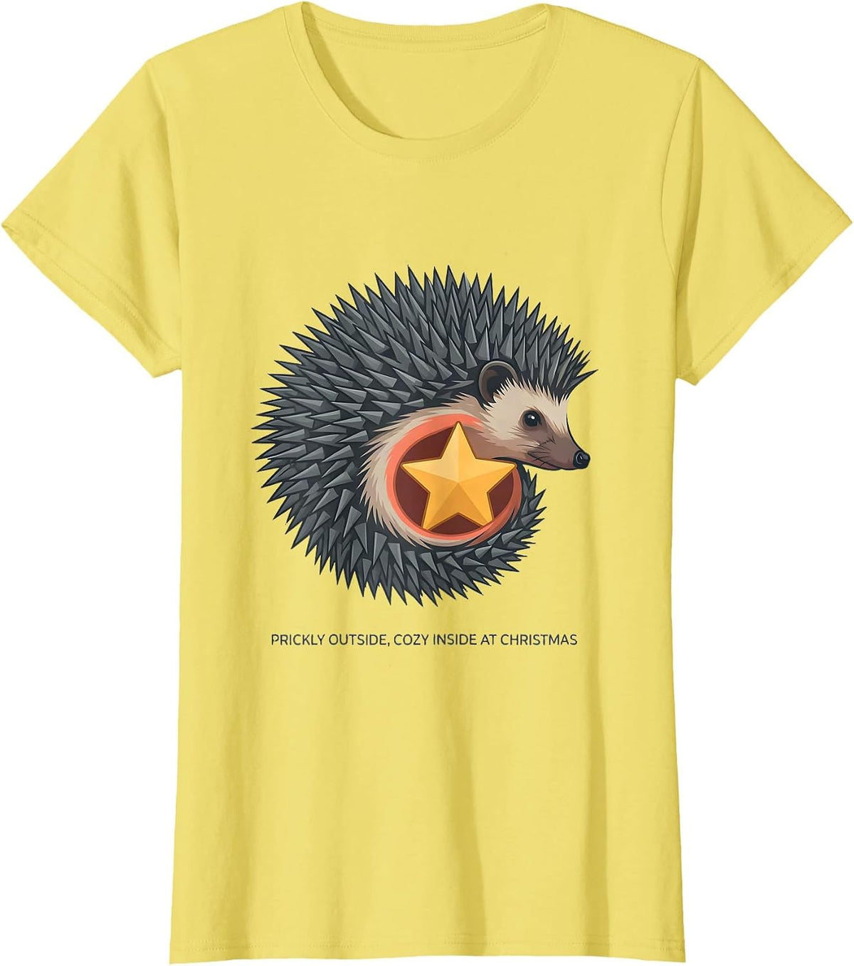 Women's Prickly Outside, Cozy Inside At Christmas Cute Hedgehog T-Shirt - Lemon Yellow