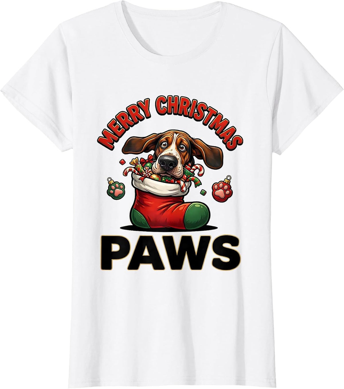 Women's Merry Christmas Paws Cartoon Basset Hound Dog Lover Holiday T-Shirt - White