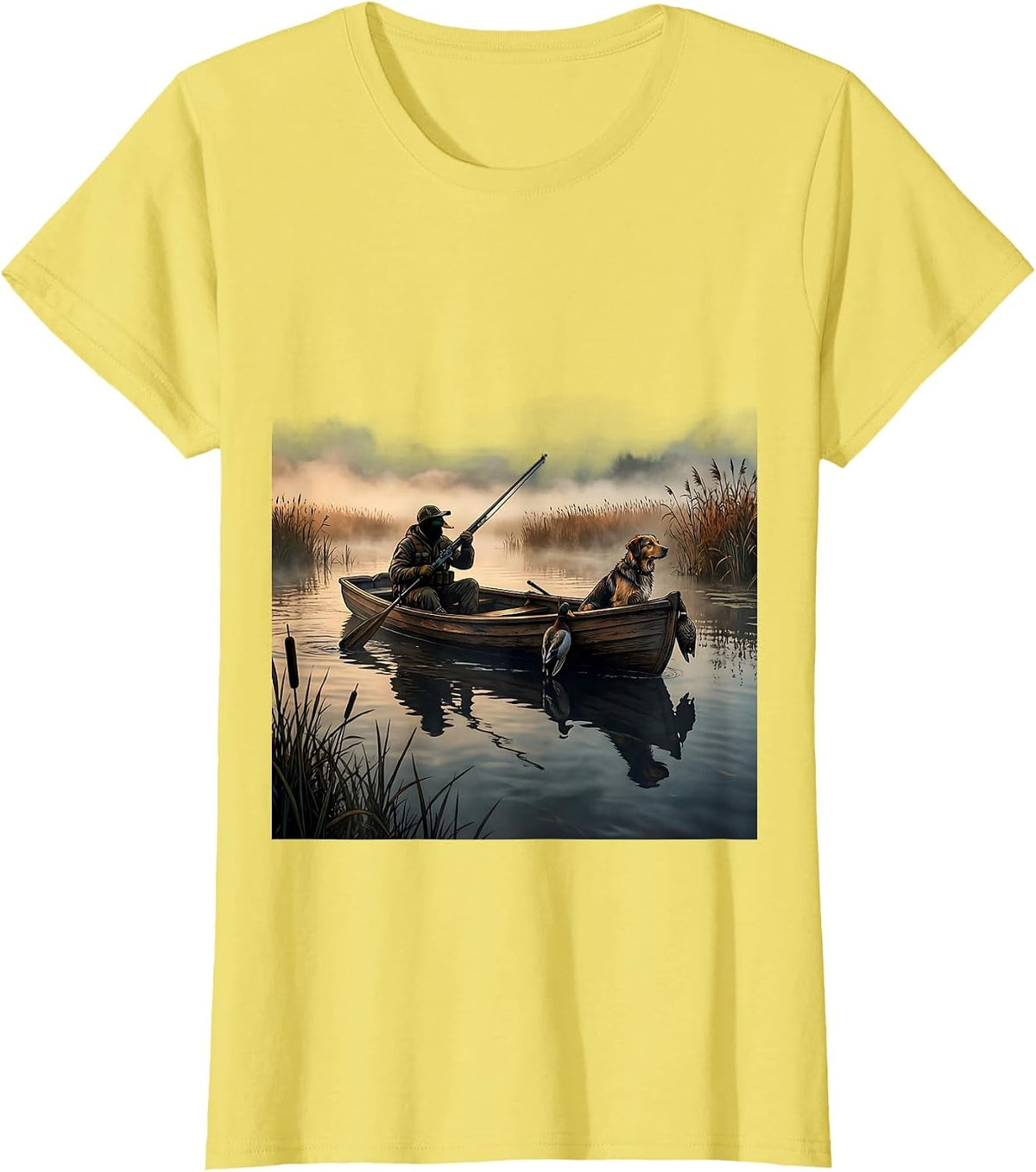 Duck Hunter Rowing Through Morning Fog Illustration T-Shirt - Lemon Yellow