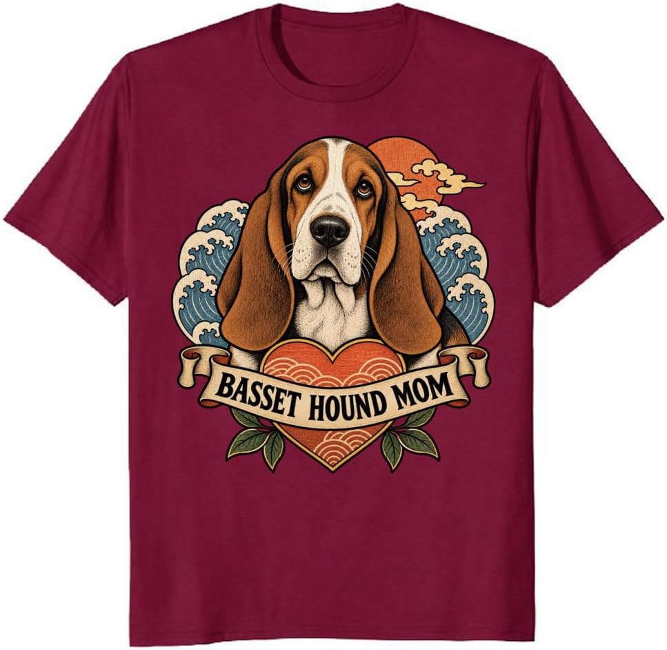 Basset Hound Mom T-Shirt Retro Botanical Dog Portrait Tee - S4
