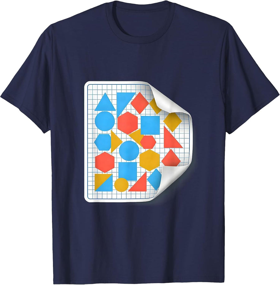 Geometric Shapes Graph Paper Math Teacher Design T-Shirt - Navy Blue